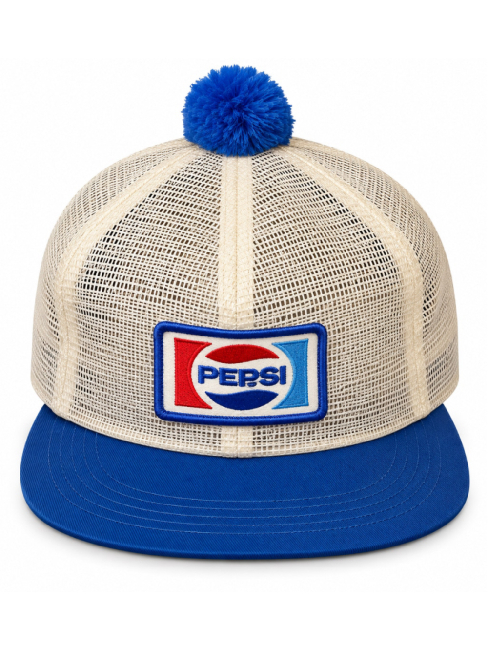 Vtg 1980s Pepsi Cola Mesh Trucker Hat Snapback White/Blue Pom Pom Patch Logo Cap